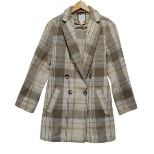 H&M WOmen‎ Wool Blend Plaid Double Breasted Peacoat Jacket Beige Brown Size 2